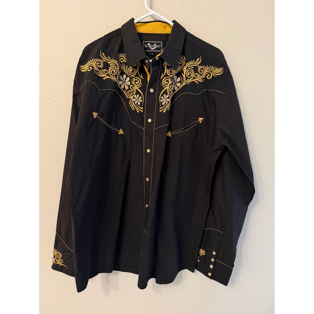 El Pionero Mens XL Western Snap Shirt Black Gold Floral Embroidered Cowboy XL